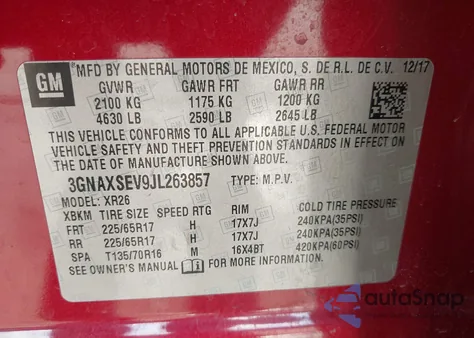 2018 Chevrolet Equinox Lt z USA, uszkodzony, nr VIN 3GNAXSEV9JL263857